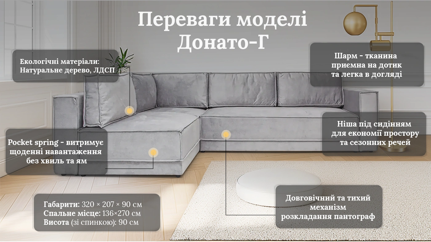 Кутовий диван Донато Г-подібний Pocket Spring